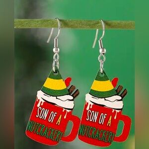 Elf Coffee Cup Christmas Dangle Earrings - Hot Cocoa Wooden Santa Hat